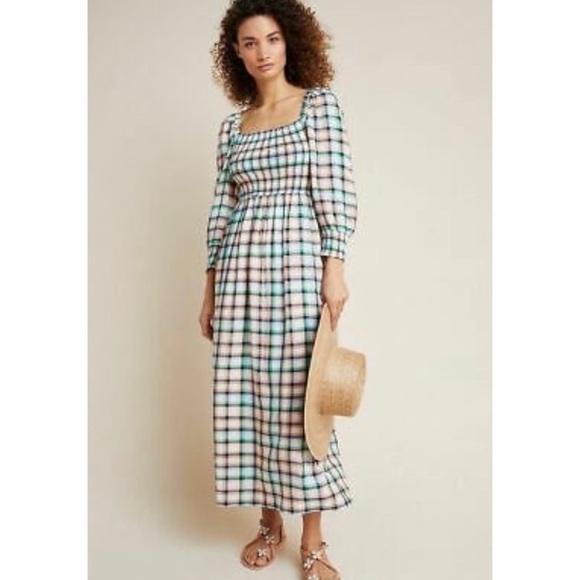 Anthropologie Maeve Cerie Picnic Plaid Square Neck Smocked Midi Dress Casual - Picture 2 of 8